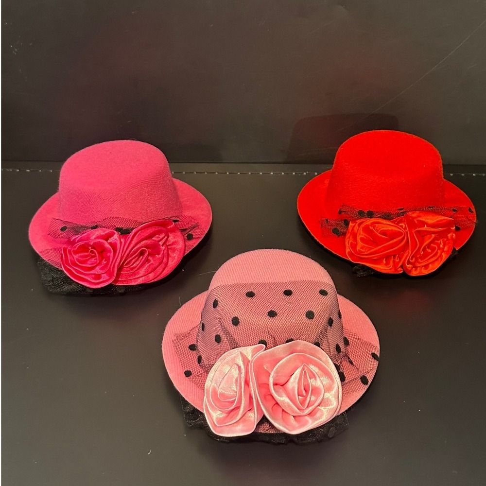 Set of 3 Mini Top Hat Fascinators Rosette Polka Dot Veil Hair Clips Pink Red